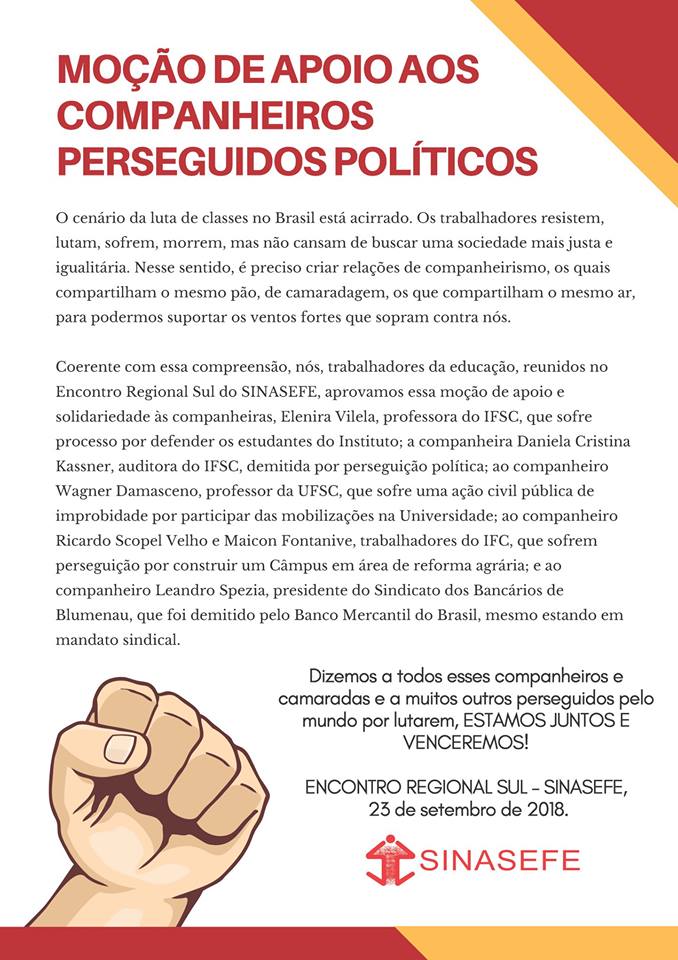 Moção de apoio aos companheiros perseguidos políticos