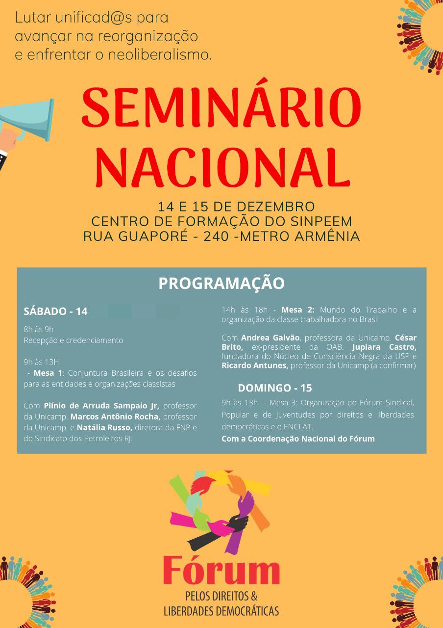 Inscreva-se para participar do Seminário Nacional do Fórum Sindical e Popular de Juventudes pelos Direitos e Liberdades Democráticas (14 e 15/12)